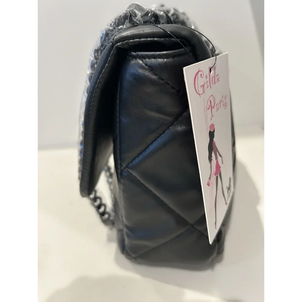 New Gilda Paris Black Vegan Leather Quilted Purse Handbag Shoulder $140